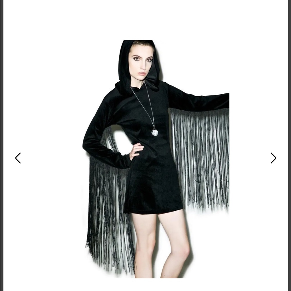 Killstar black velvet dress with hood and sleeve fringe size small